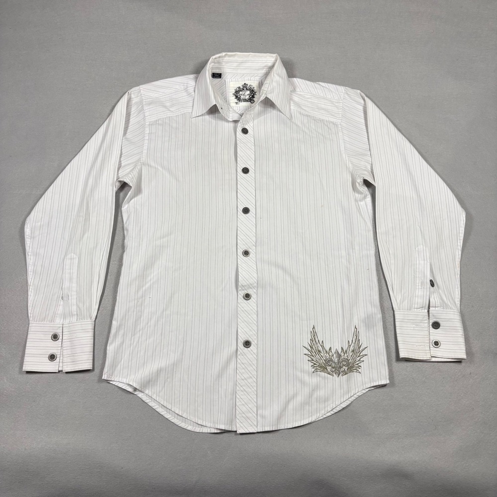 Level Ten Mens White Pinstripe Graphic Button Down Shirt Small Y2K Grunge
